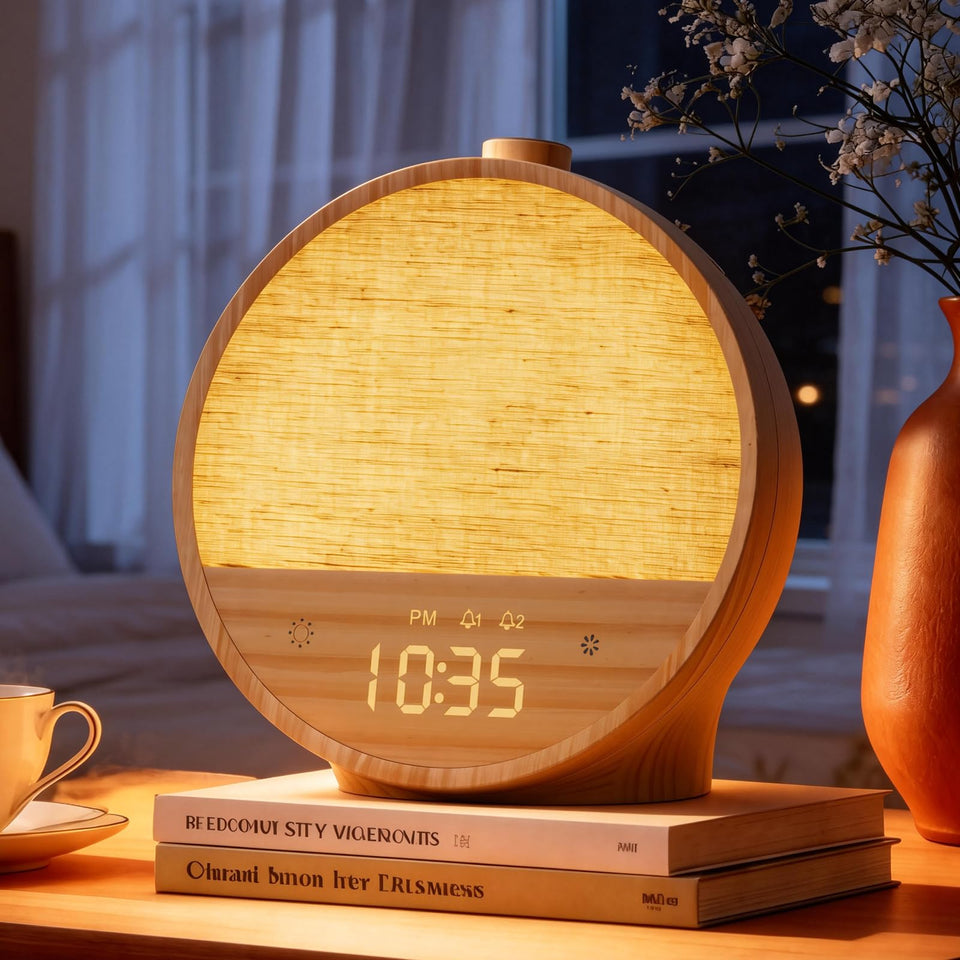 Vivilumens Sunrise Alarm Clock with dawn glow promoting a peaceful wake up