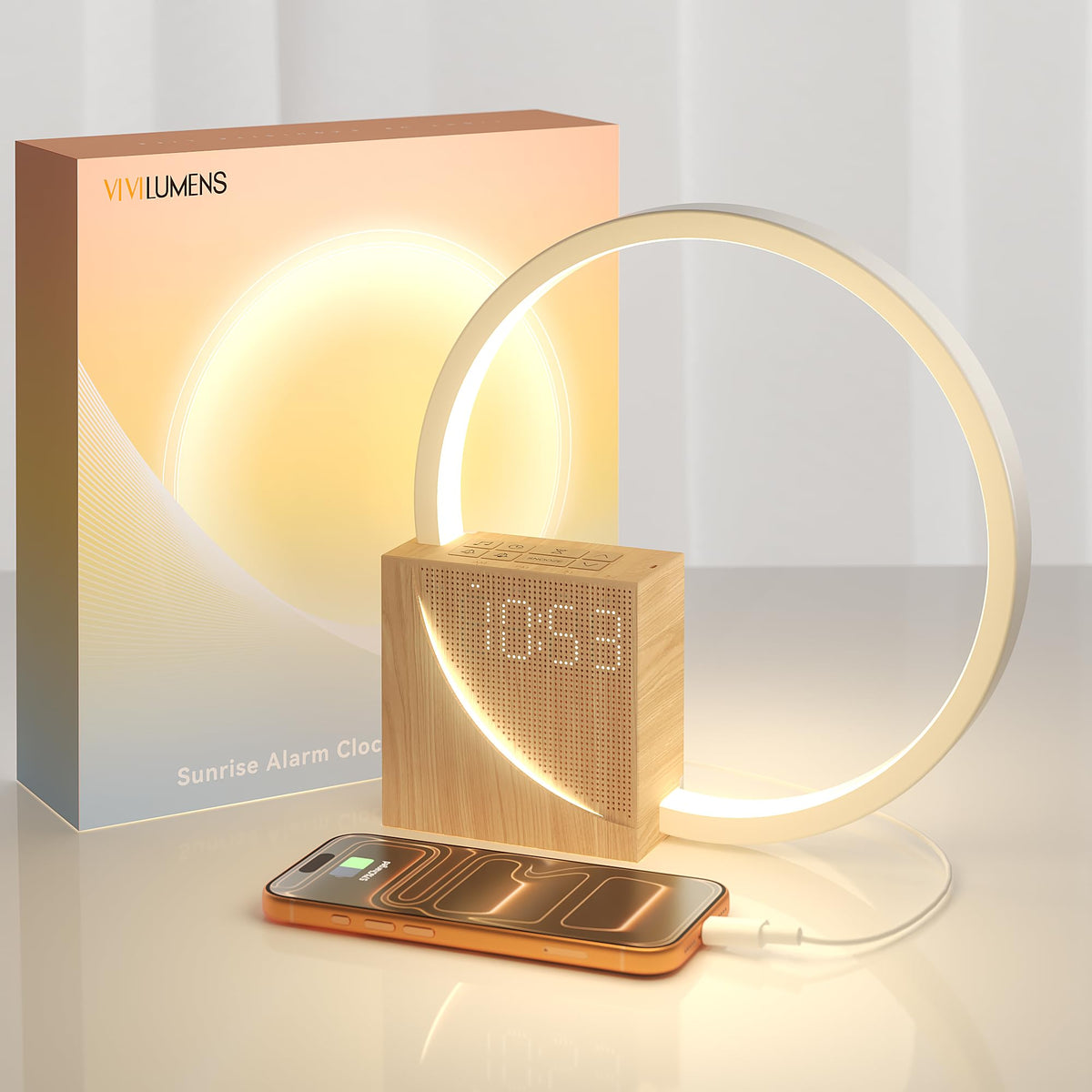 Vivilumens Sunrise Alarm Clock front view showing sunrise simulation for gentle waking