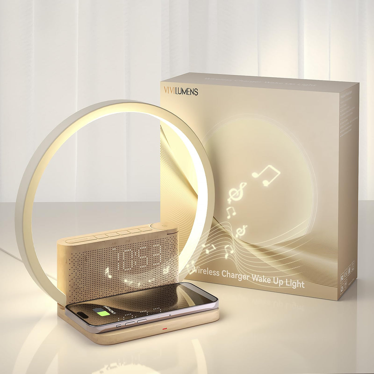 Vivilumens Sunrise Alarm Clock front view with dual clocks for easy morning routines