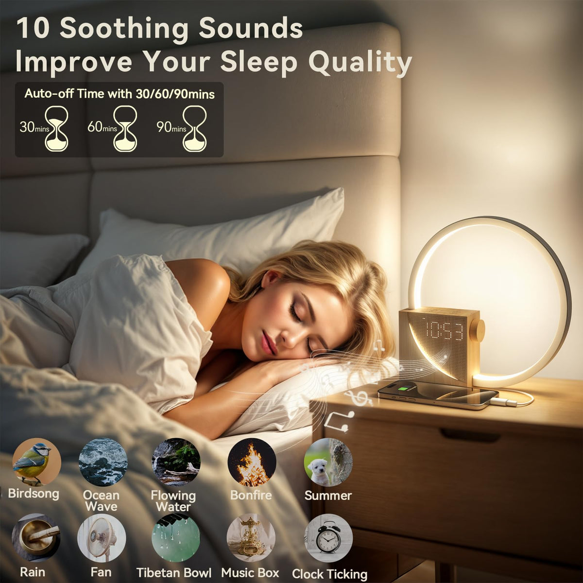 Vivilumens Sunrise Alarm Clock integrated nightlight providing soft room glow