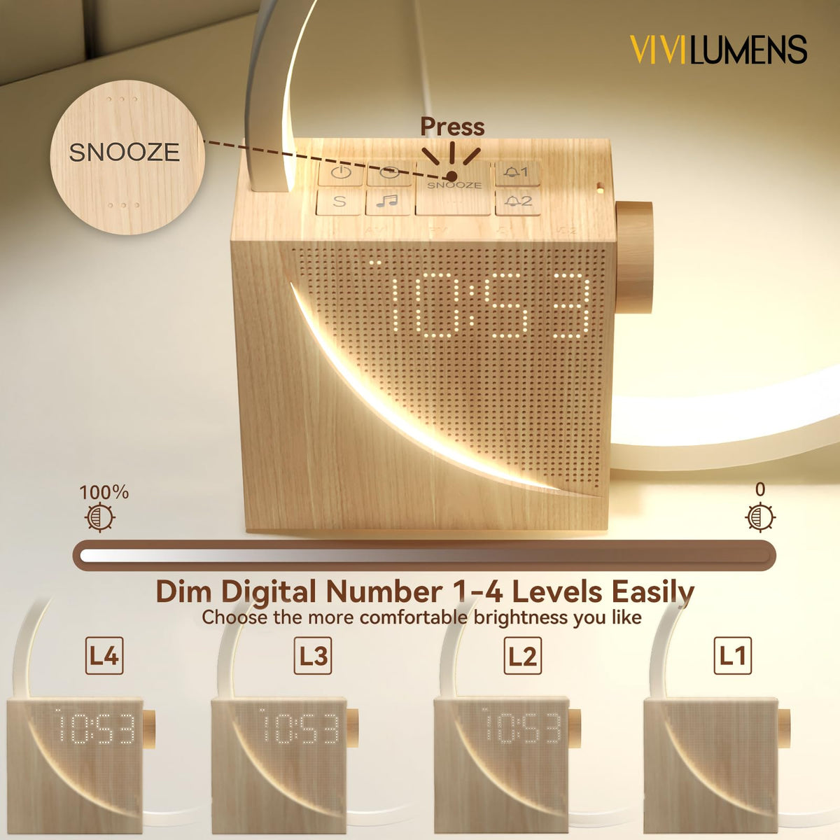 Vivilumens Sunrise Alarm Clock white noise feature with soothing sounds