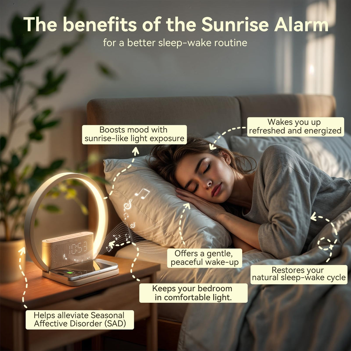 Vivilumens Sunrise Alarm Clock wireless charging pad on top for phone power