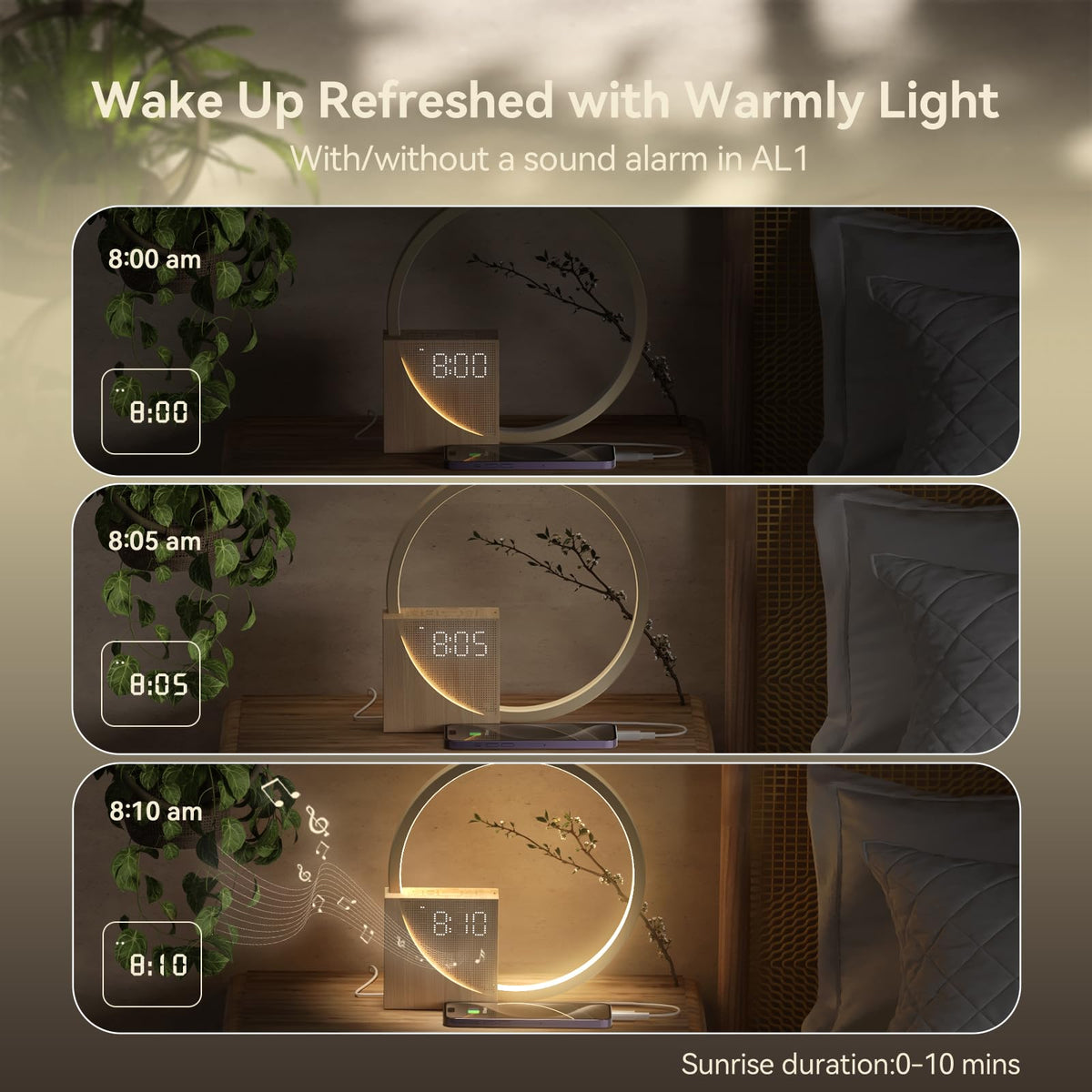 Vivilumens USB charging port on the alarm clock for convenient power