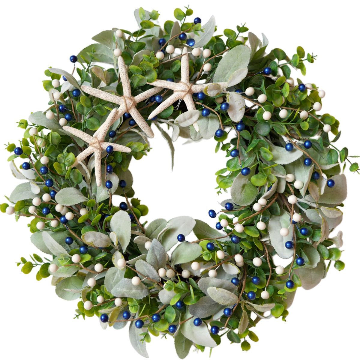 Vivimemo 22-inch green front door wreath with navy berries and starfish adds curb appeal.