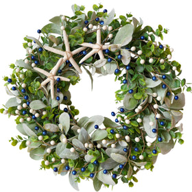 Vivimemo 22-inch green front door wreath with navy berries and starfish adds curb appeal.