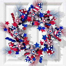 Vivimemo 24-inch wreath on front door showcasing patriotic colors for a welcoming entrance