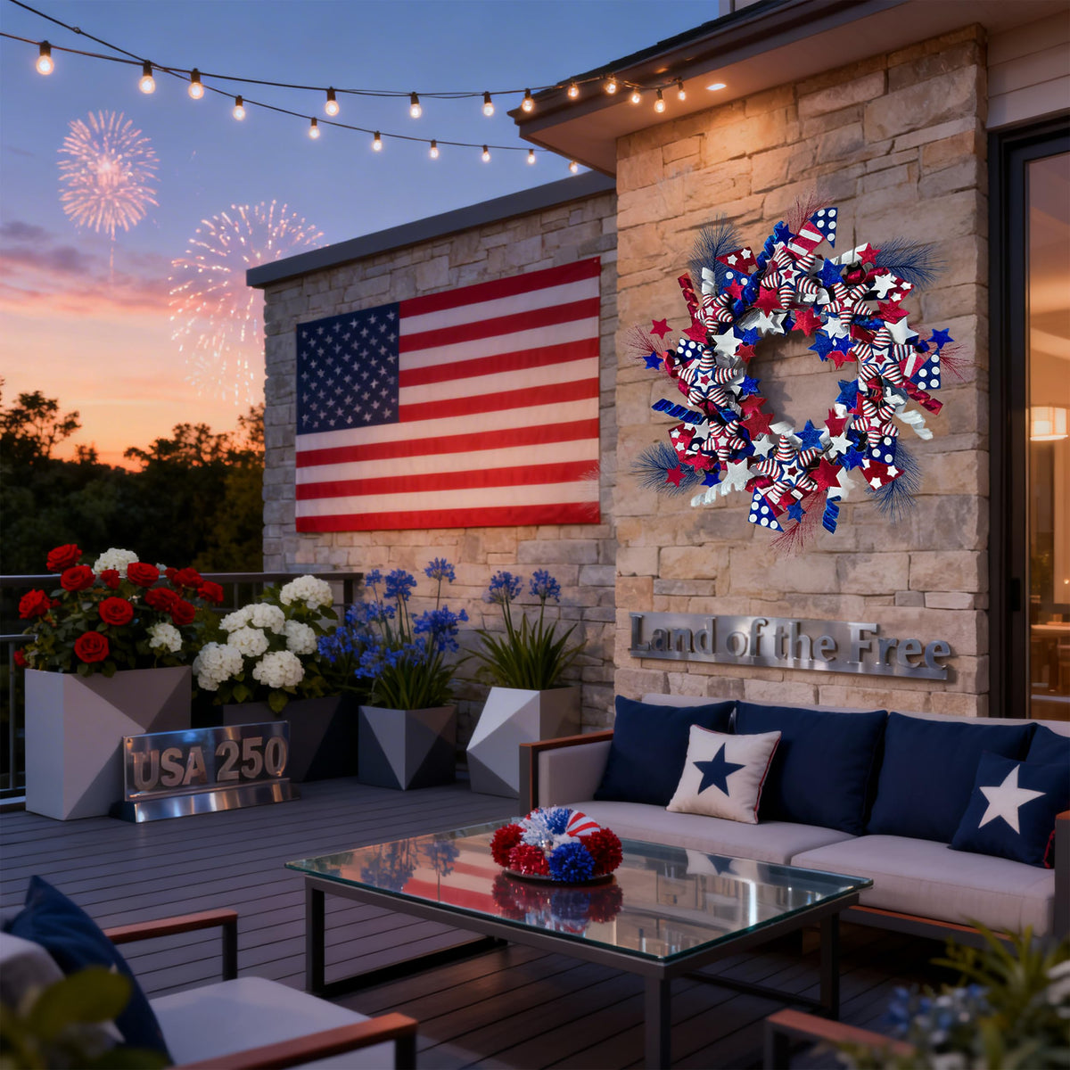 Red, white, blue stars detail on Vivimemo wreath ideal for Independence Day decor