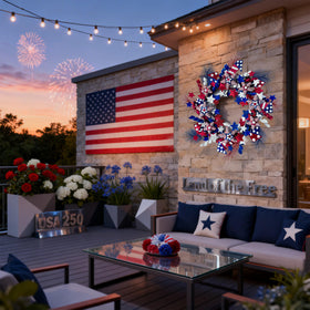 Red, white, blue stars detail on Vivimemo wreath ideal for Independence Day decor