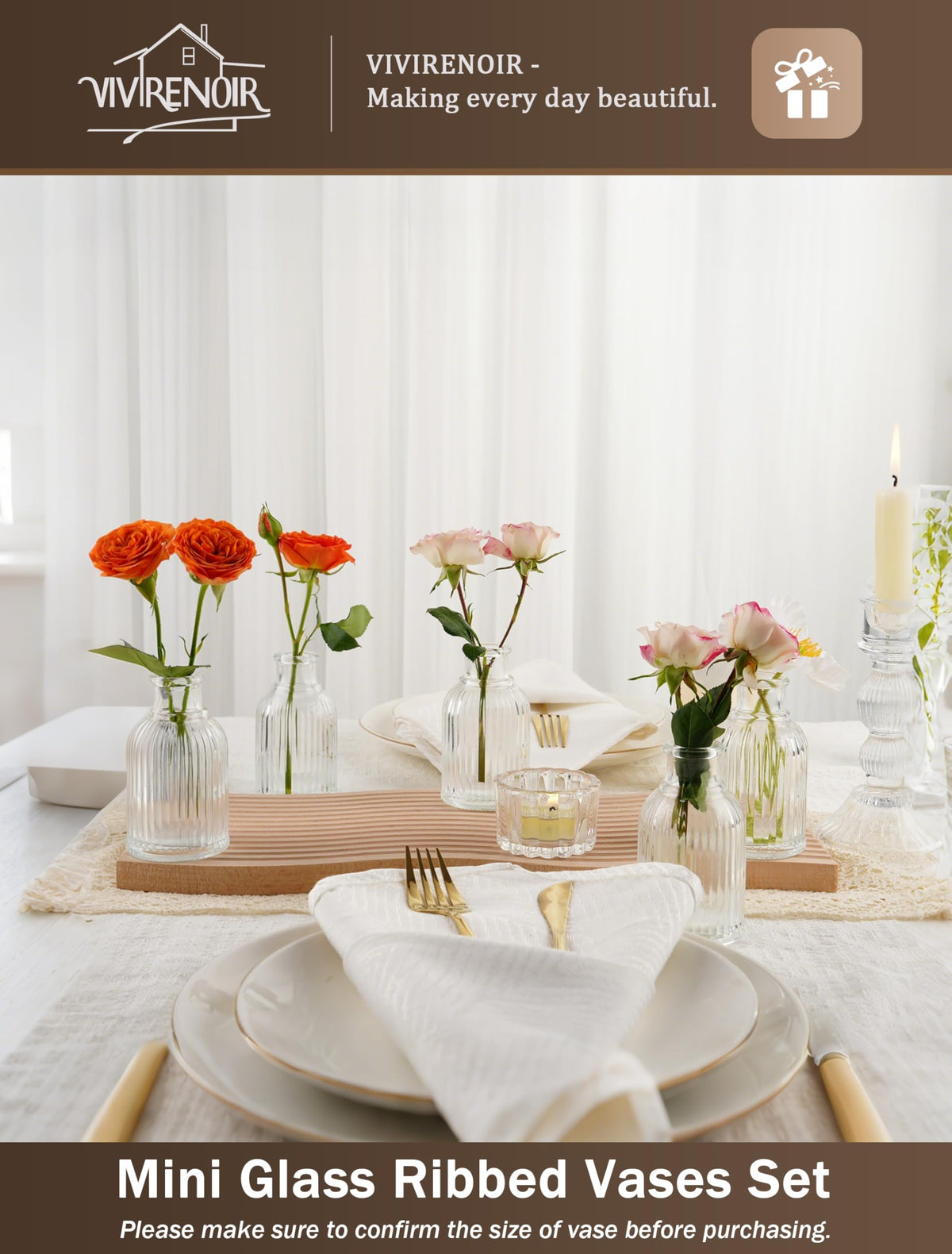 VIVIRENOIR glass bud vase set complements shelves and mantels.