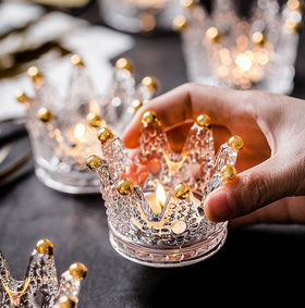 Vixdonos crown glass tealight holder close-up with gold tips for weddings