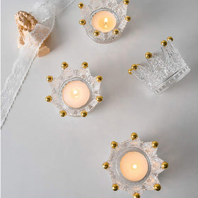 Vixdonos crown glass tealight holders with flameless LEDs at dinner