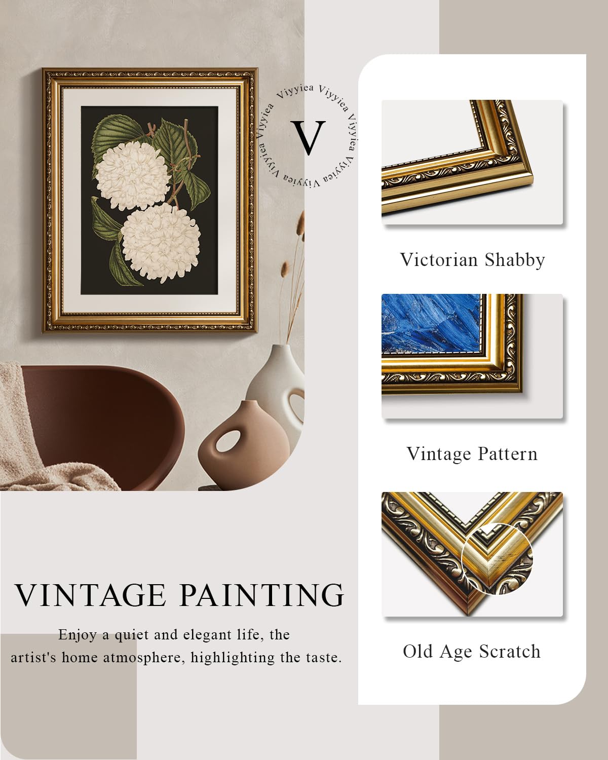VIYYIEA gold framed floral canvas offers versatile wall decor for bathrooms or kitchens.