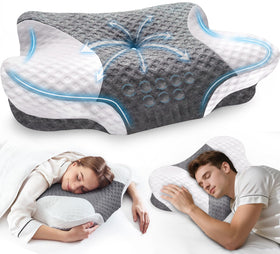 VJASD cervical neck pillow memory foam core for supported alignment while sleeping.