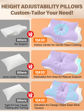 VJASD dual-height design adapts to sleeping position for personalized neck support.