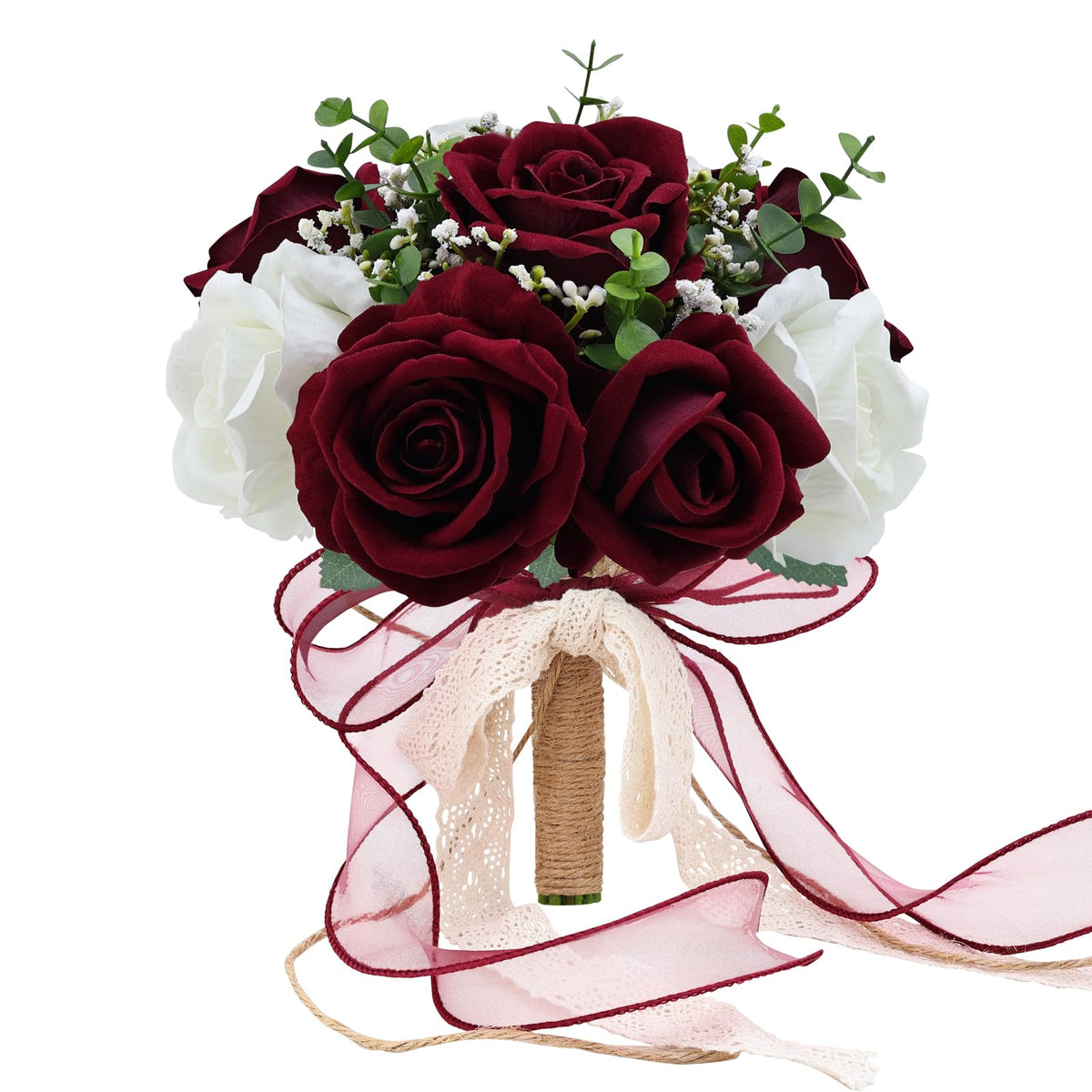 Vkkperp burgundy and white artificial roses bouquet for rustic weddings.