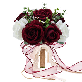 Vkkperp burgundy and white artificial roses bouquet for rustic weddings.