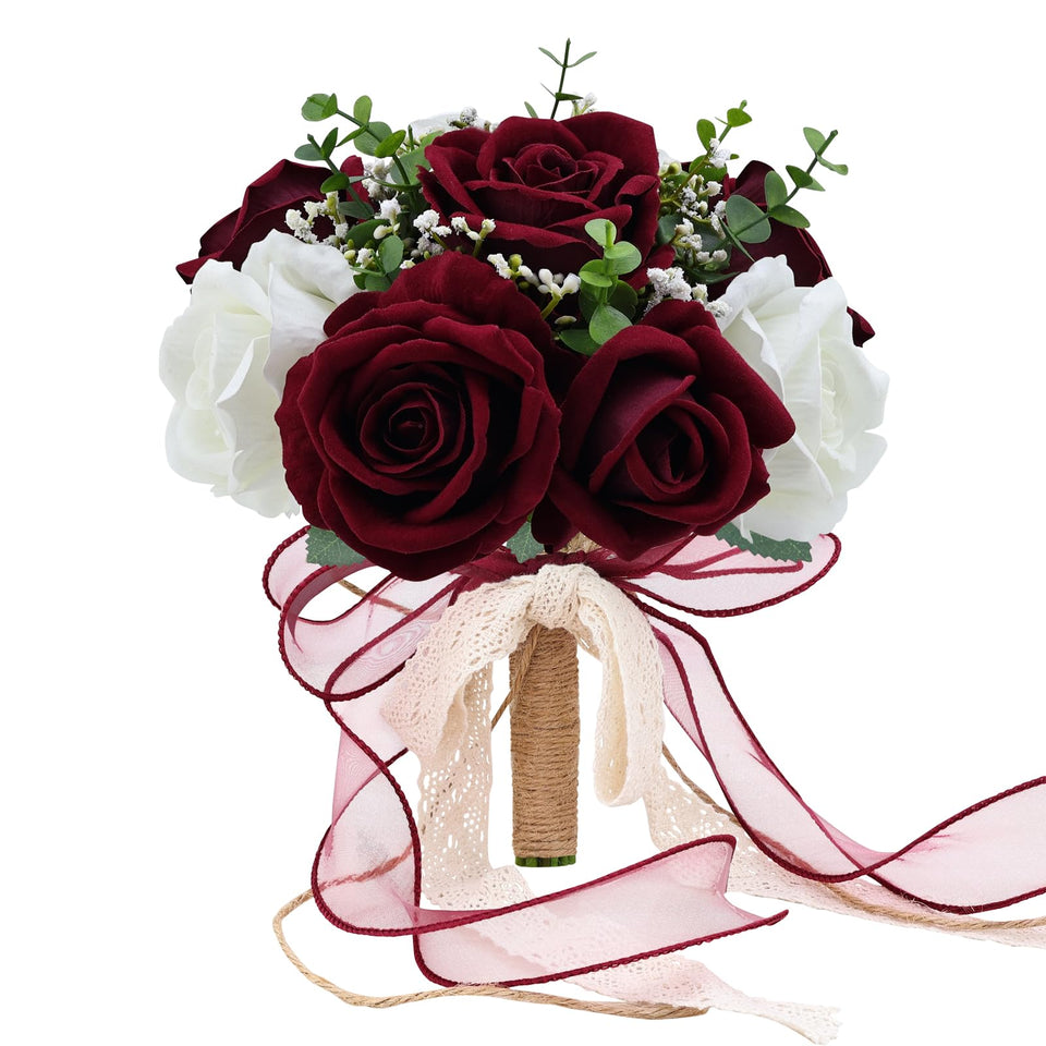 Vkkperp burgundy and white artificial roses bouquet for rustic weddings.