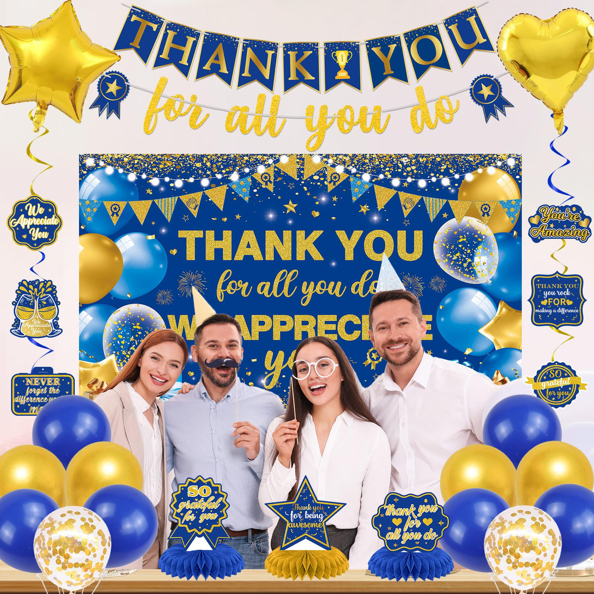 Vlipoeasn blue-gold backdrop creates a photo-ready setting.