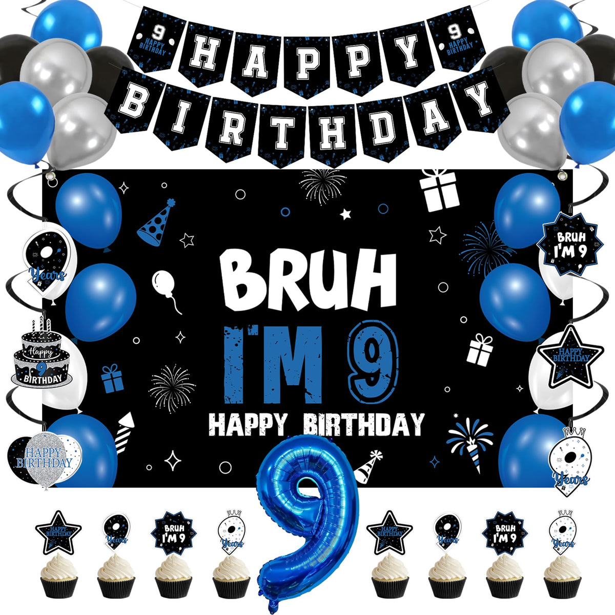 Vlipoeasn bruh im 9 backdrop enhances party photos with bold black blue decor.