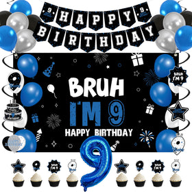 Vlipoeasn bruh im 9 backdrop enhances party photos with bold black blue decor.