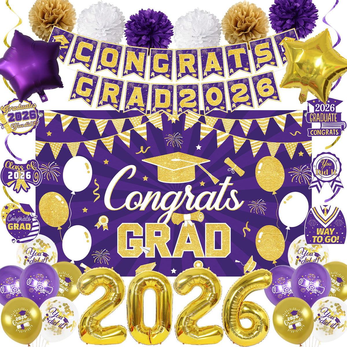 Vlipoeasn class of 2026 backdrop purple and gold for memorable graduation photos
