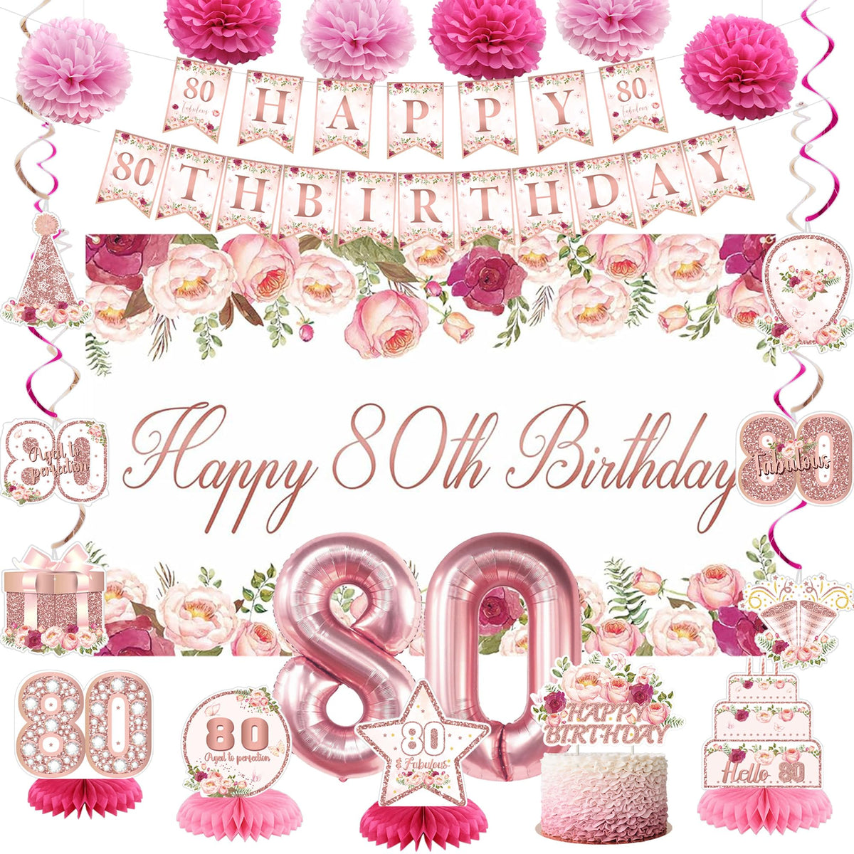 Vlipoeasn Flower 80th backdrop with rose gold tones for elegant party photos.