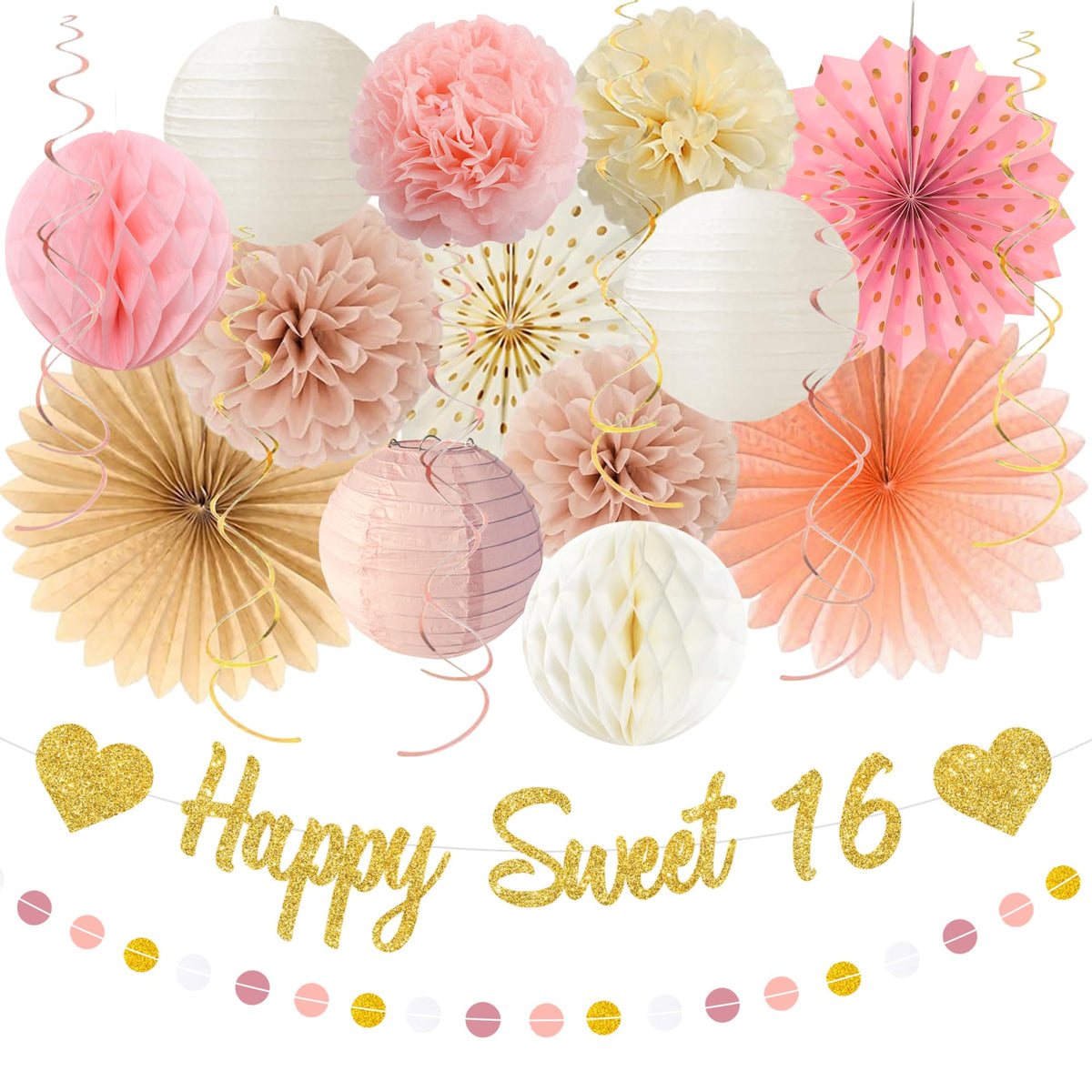Vlipoeasn gold Happy Sweet Sixteen banner creates a radiant party focal point.