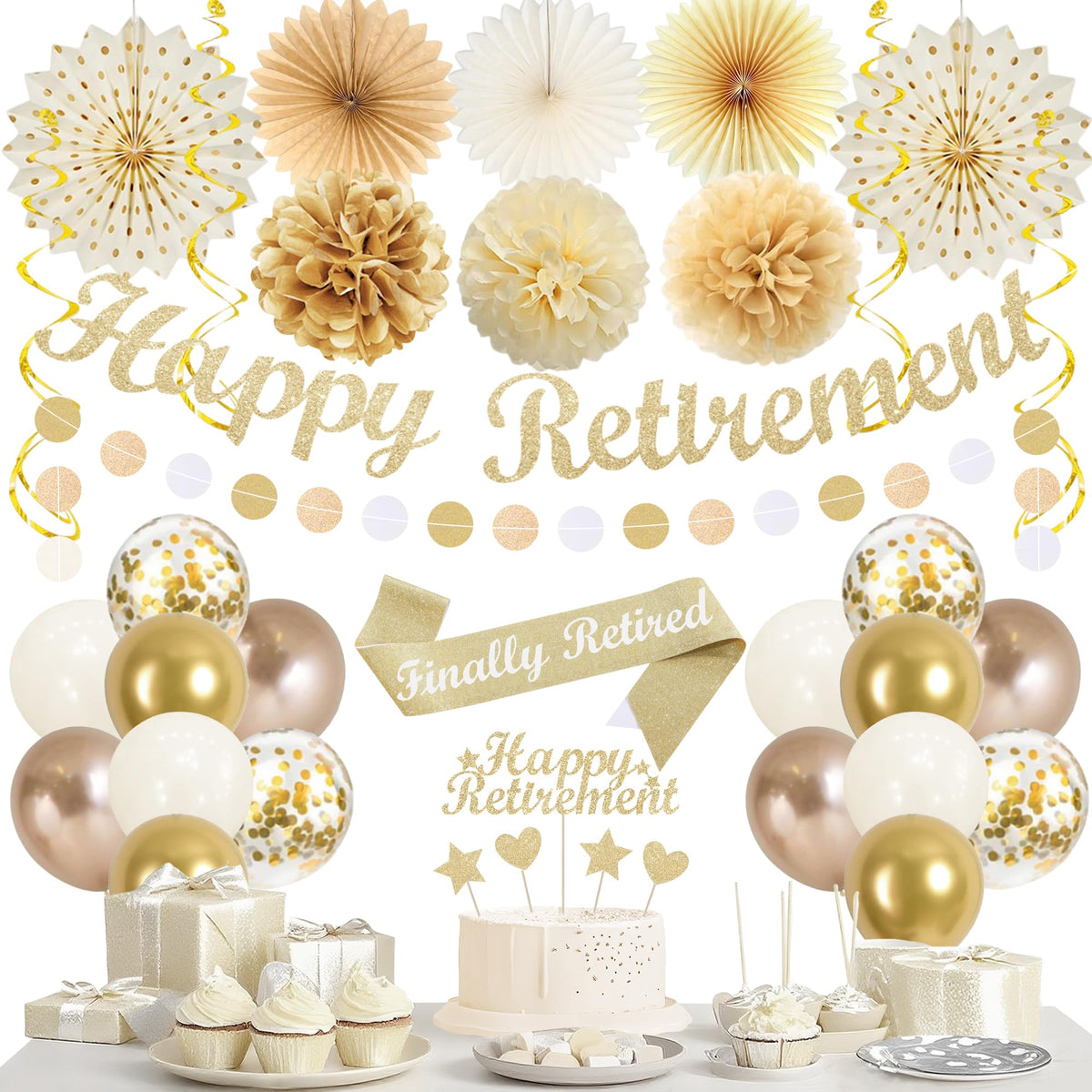 Vlipoeasn Happy Retirement banner shines in champagne gold for a striking milestone display.