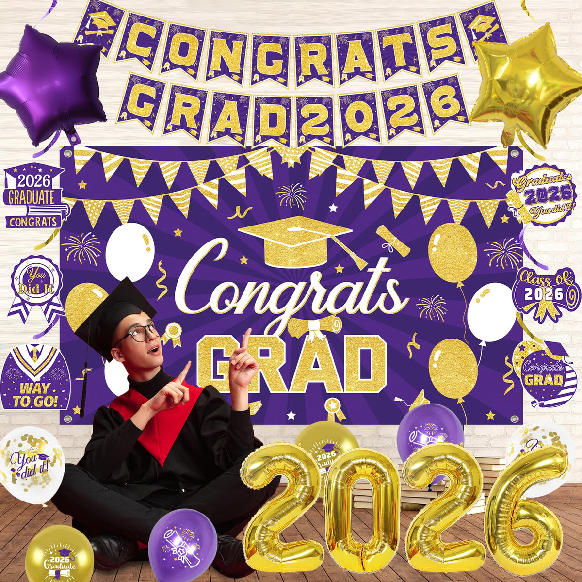 Vlipoeasn latex balloons in purple, gold, and confetti