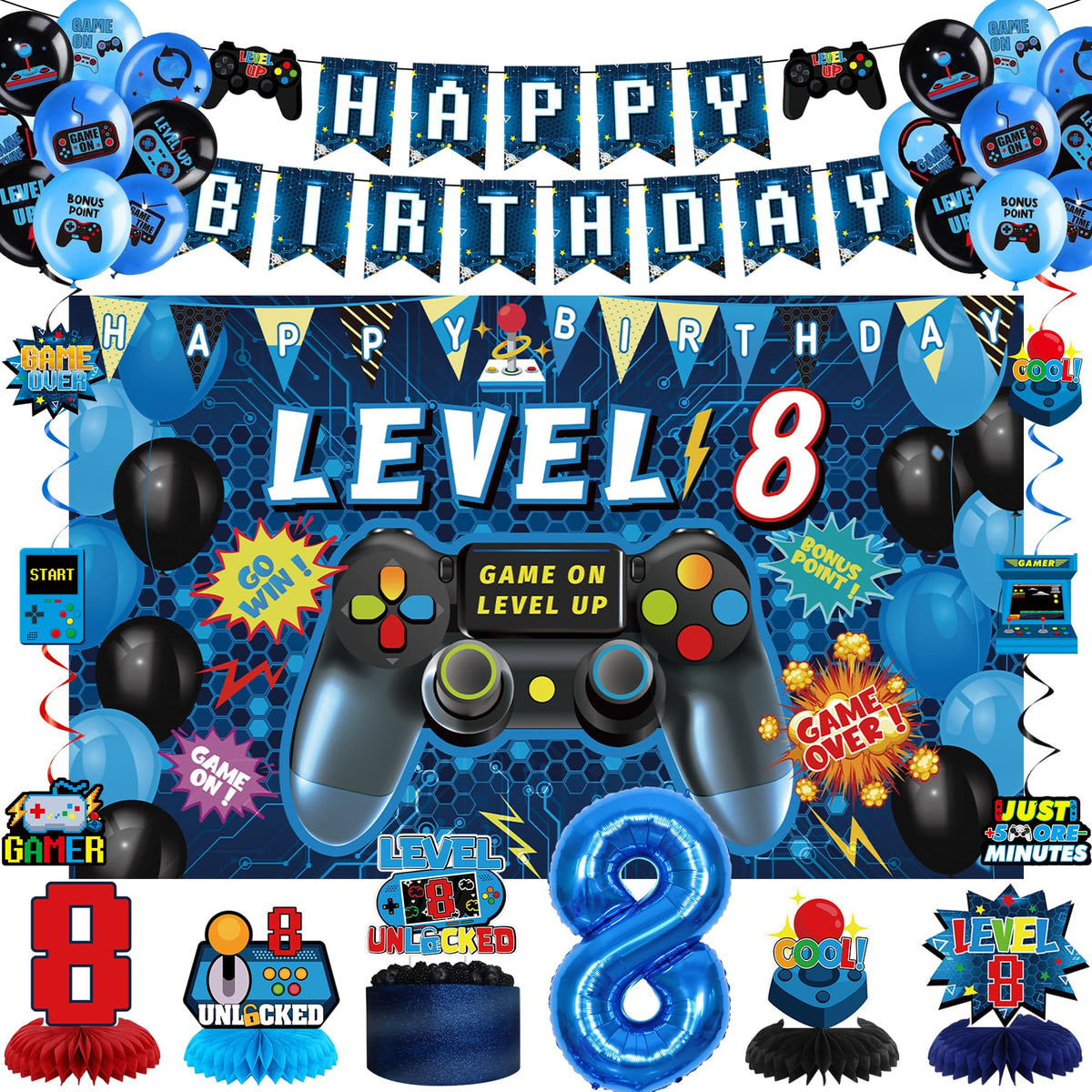 Vlipoeasn level 8 banner backdrop enhances the gaming themed party entrance
