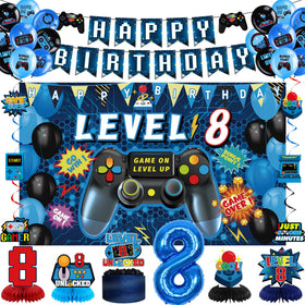 Vlipoeasn level 8 banner backdrop enhances the gaming themed party entrance