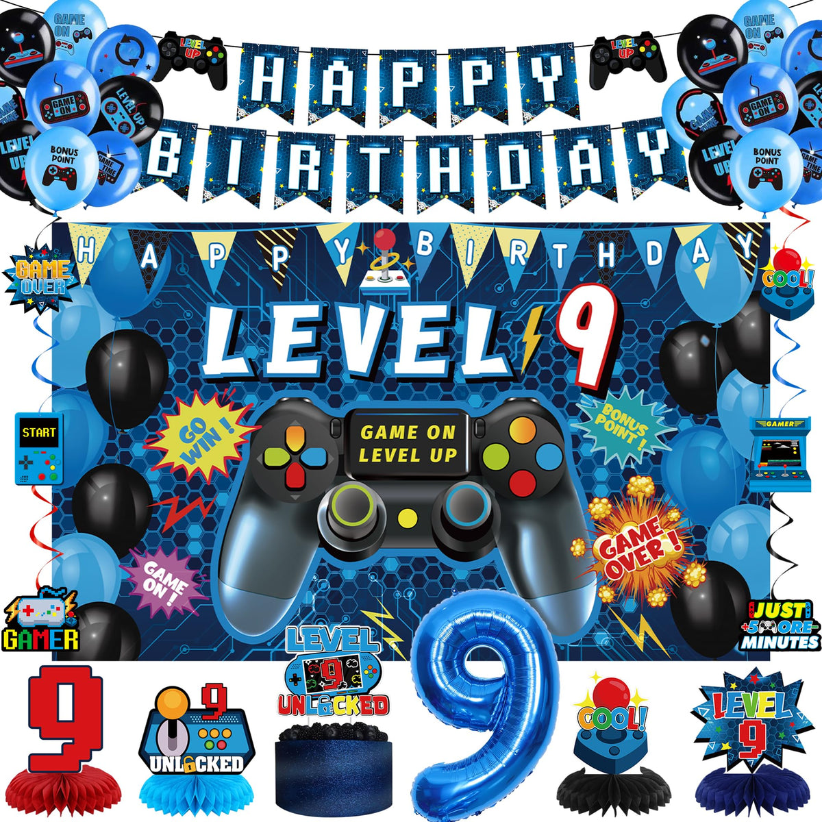 Vlipoeasn level 9 blue backdrop for immersive gamer party display.