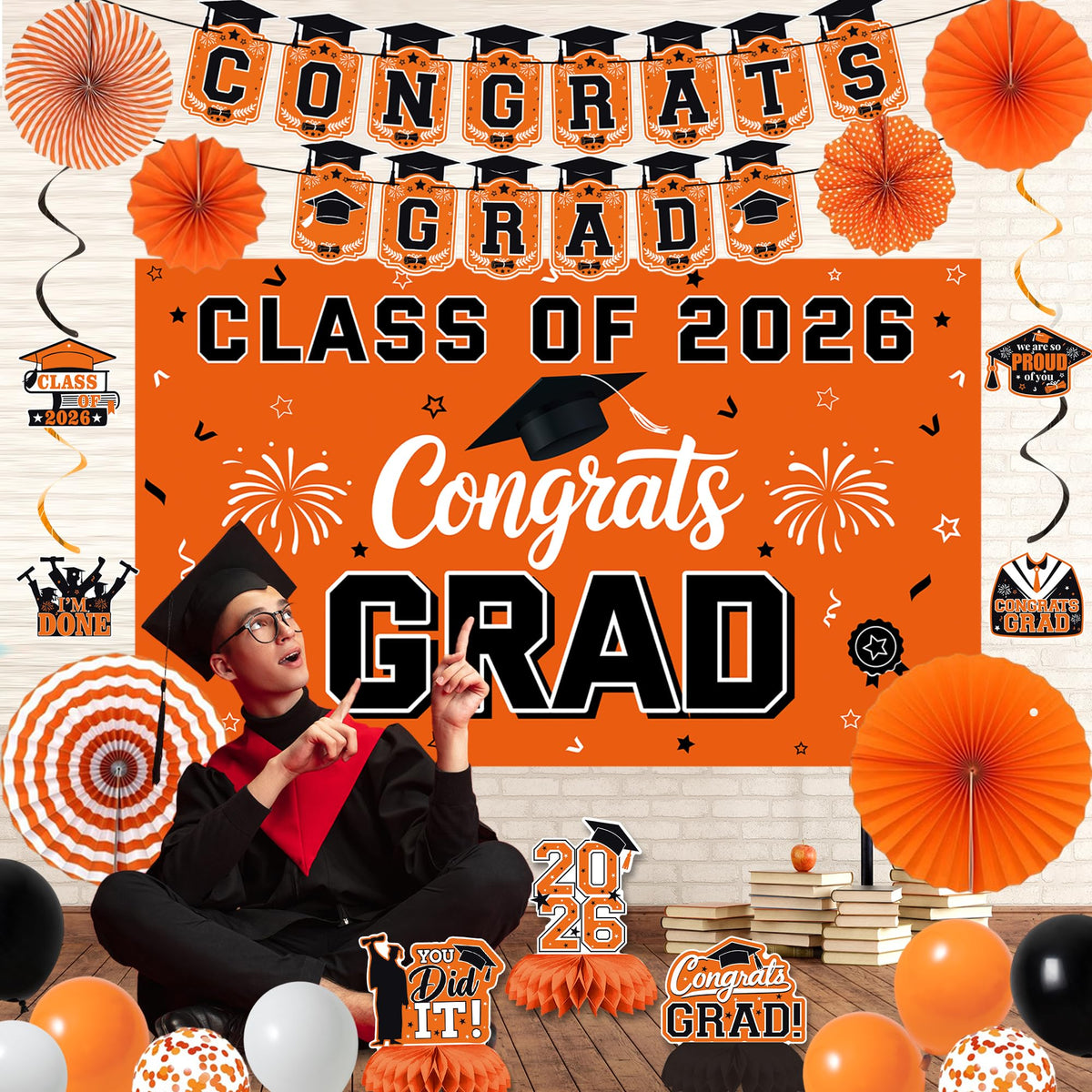 Vlipoeasn orange and black paper fans add depth to party visuals