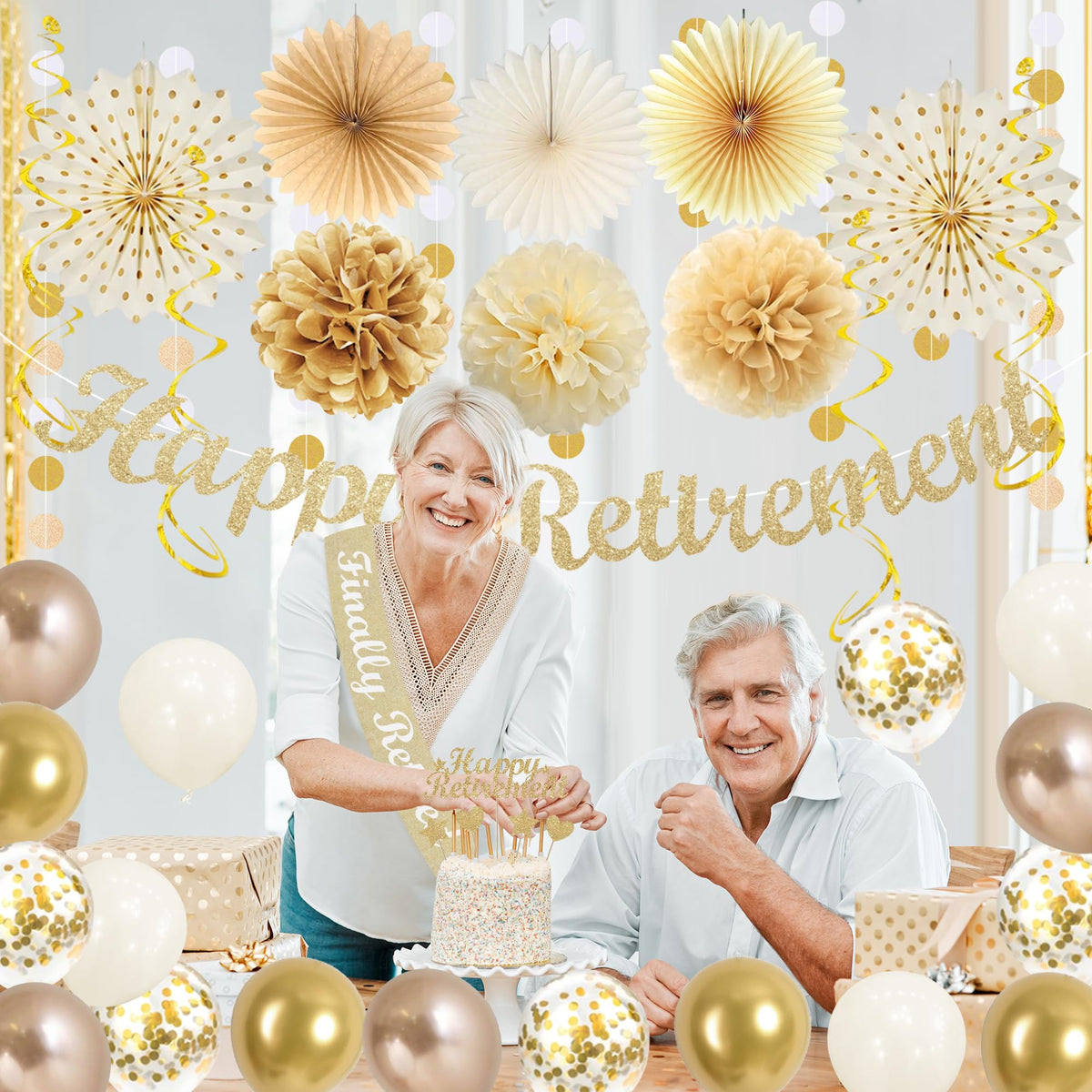 Vlipoeasn 12-inch gold dot paper fans brighten any backdrop.