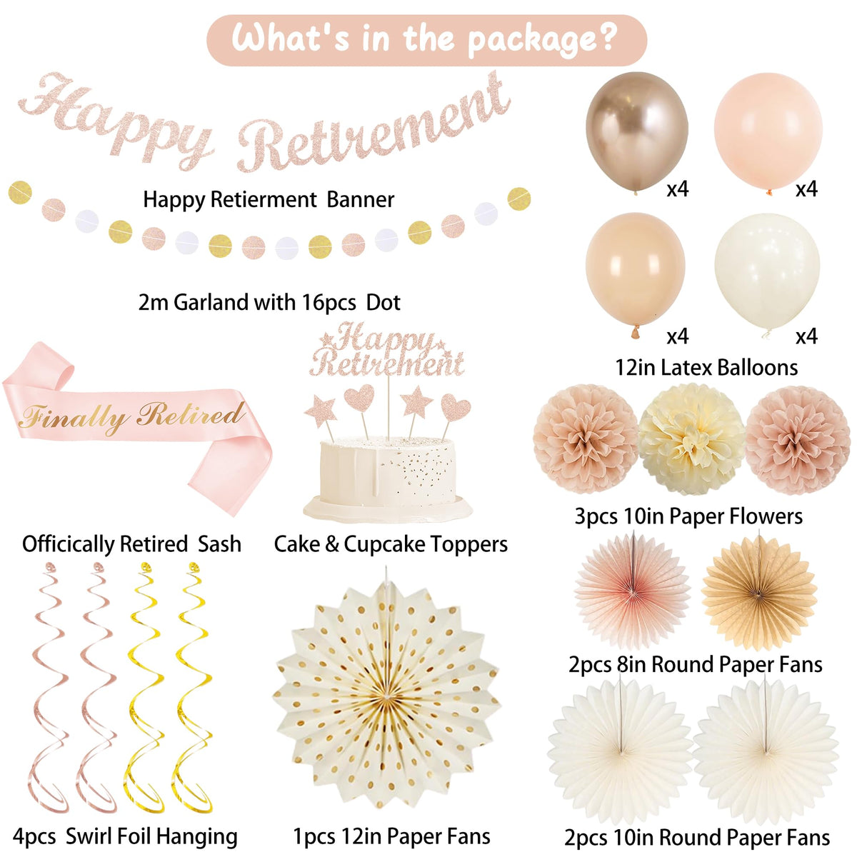 Vlipoeasn Rose gold Happy Retirement cake topper adds a celebratory touch.
