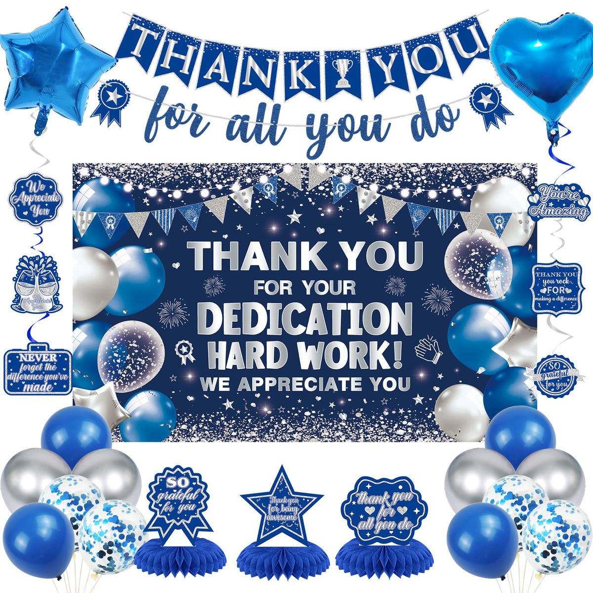 Vlipoeasn we appreciate you backdrop in blue and silver, ideal for recognition events.