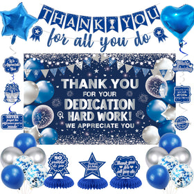 Vlipoeasn we appreciate you backdrop in blue and silver, ideal for recognition events.