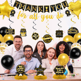 Vlipoeasn decoration kit simplifies setup for a polished appreciation party.