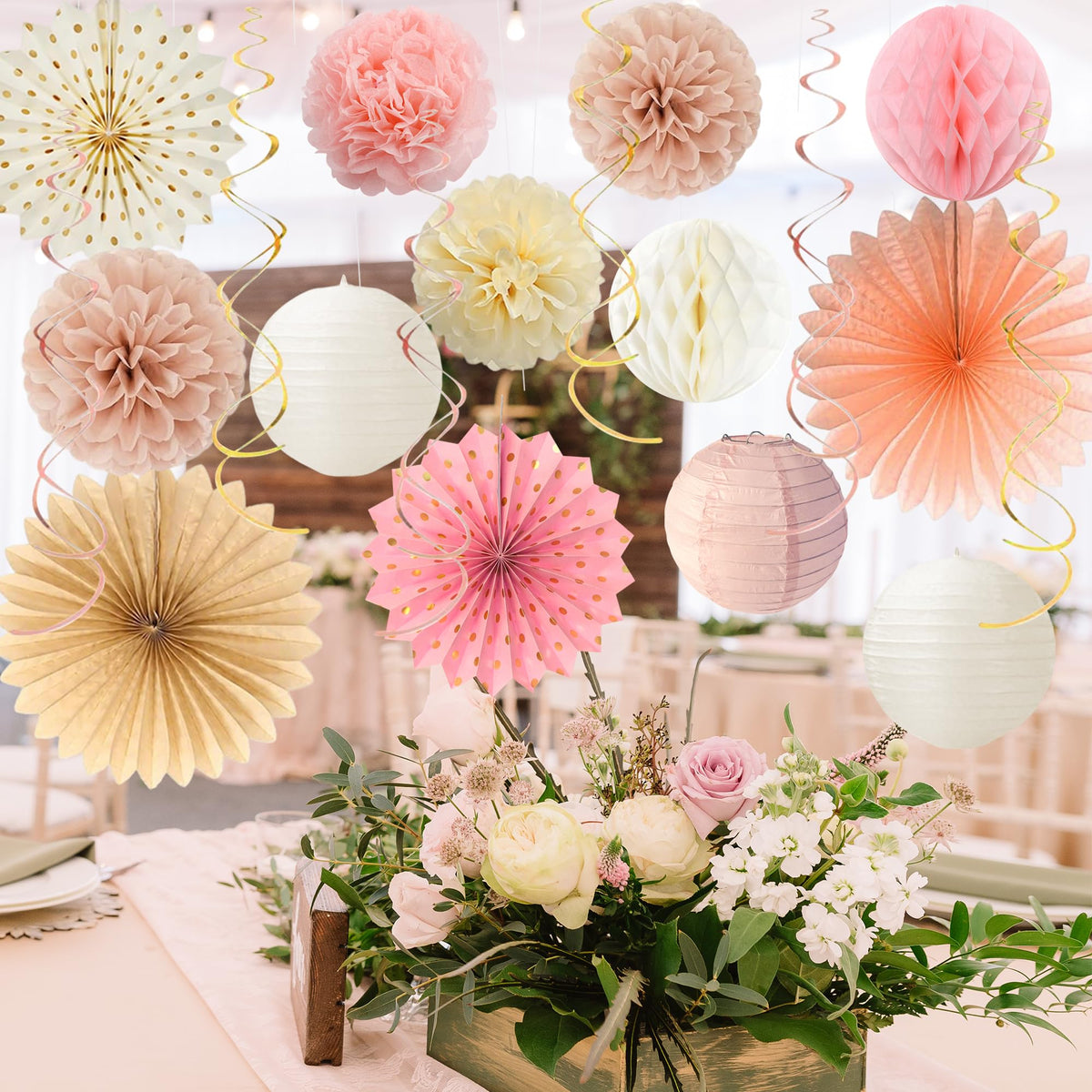 Vlipoeasn white 8in lanterns brighten ceiling decor and mood.