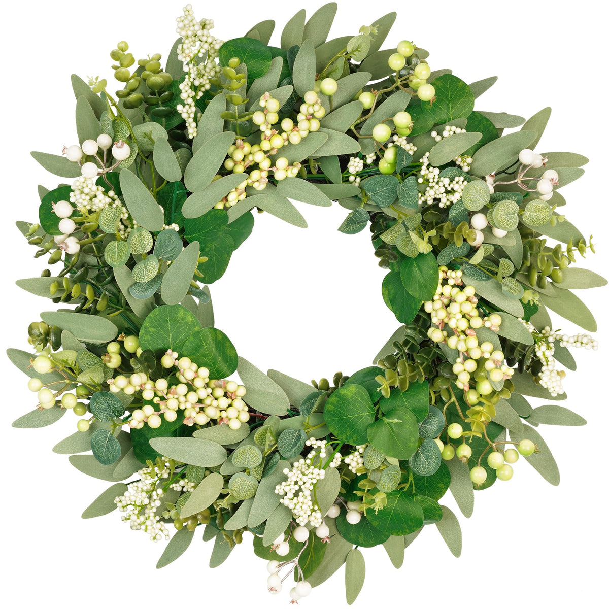 Vlorart 22-inch artificial greenery wreath on front door with eucalyptus and boxwood.