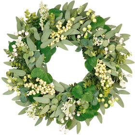 Vlorart 22-inch artificial greenery wreath on front door with eucalyptus and boxwood.