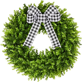 Vlorart 24-inch boxwood wreath on front door for year-round curb appeal.