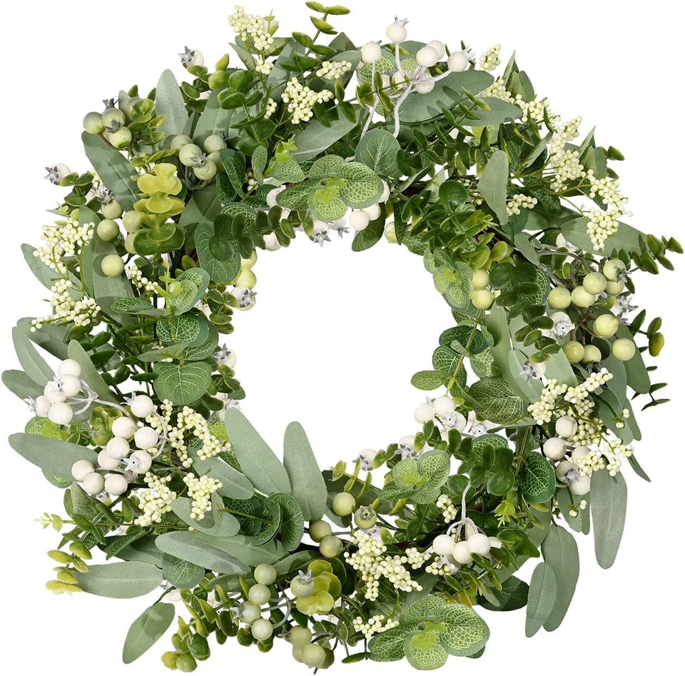 Vlorart artificial eucalyptus wreath for front door with boxwood and berries adds year-round charm.