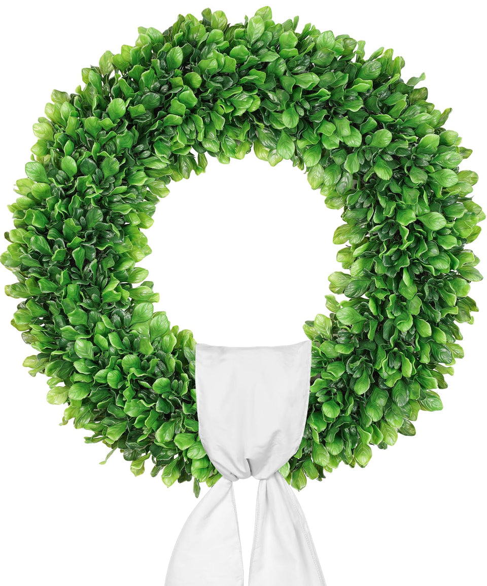 Vlorart boxwood wreath front view 24 inch shows lifelike leaves for year-round decor