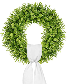 Vlorart boxwood wreath on front door with year-round greenery