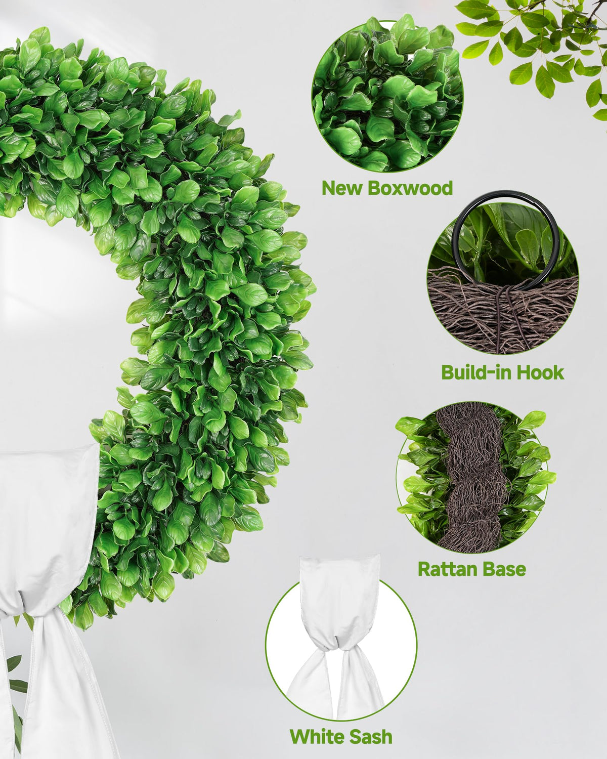 Vlorart boxwood wreath with sash demonstrates easy styling for seasonal accents
