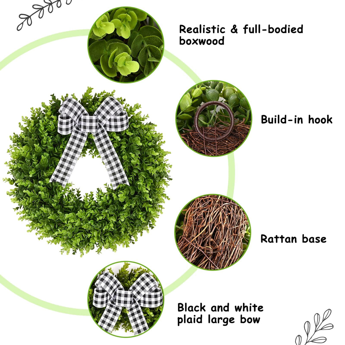Plaid bow detail adds seasonal charm to the wreath.