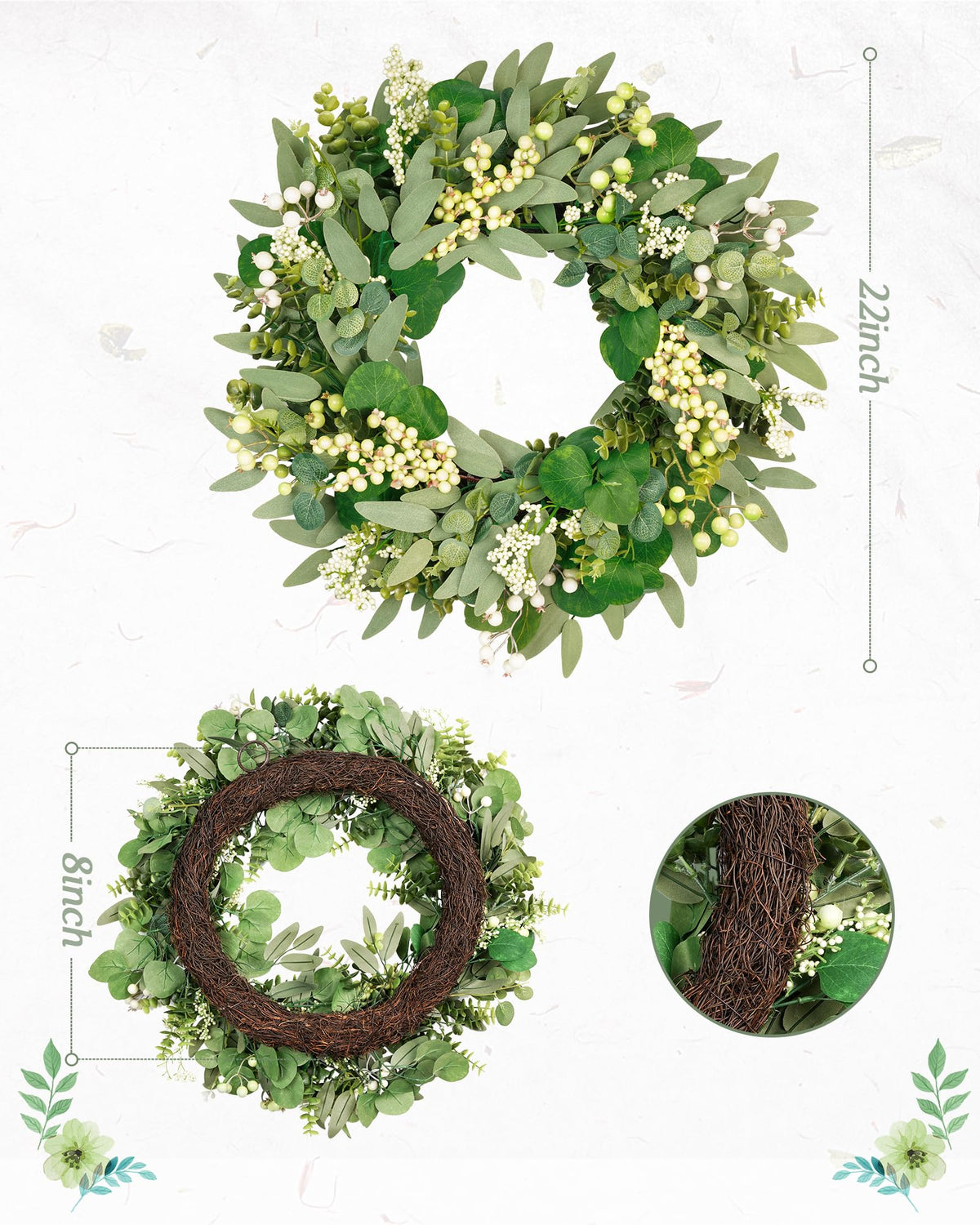 Vlorart wreath features white and green berries for festive texture.