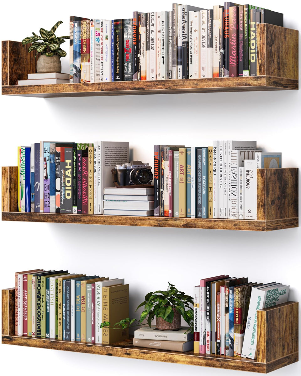 VMROF wall bookshelf 3-piece set in U-shape showcases books with a floating, wire-free design