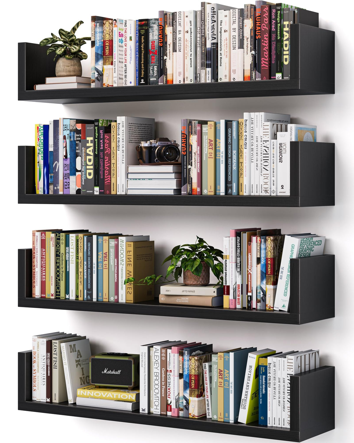 VMROF wall bookshelf U-shaped assembly highlights solid wood and clutter-free floating display.